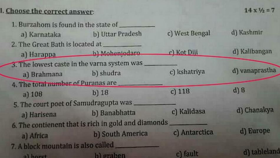 CBSE question about lower caste in school exam paper
